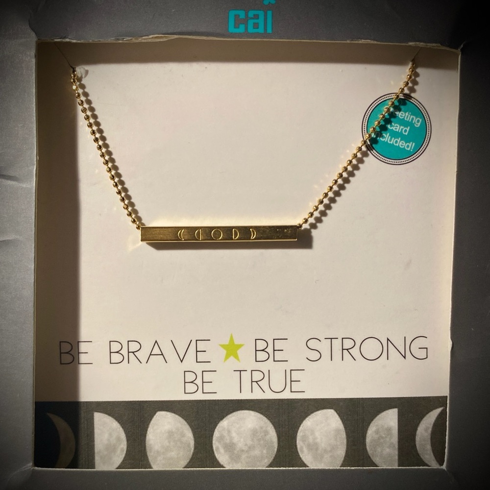 cai - gold ball necklace, sliding bar. Be brave, be strong, be true.
